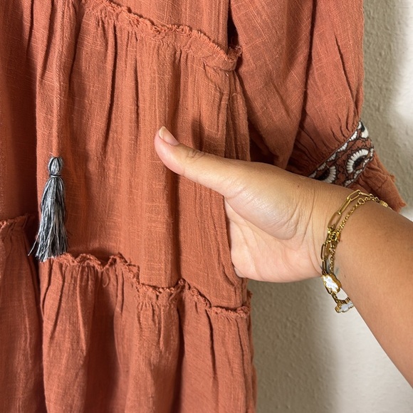 Free People Dreamweaver Embroidered Cotton Tassel Puff Sleeve Tunic Top Sz XS - Picture 4 of 12